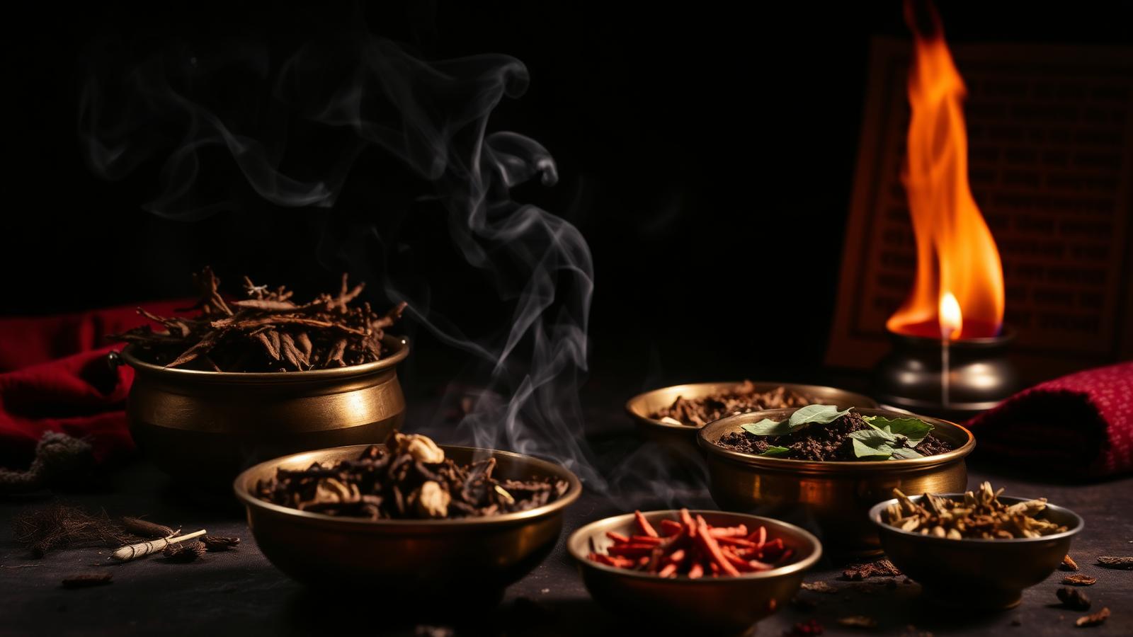 Ayurvedic herbal preparations in brass bowls with rising sacred smoke and a palm-leaf manuscript.