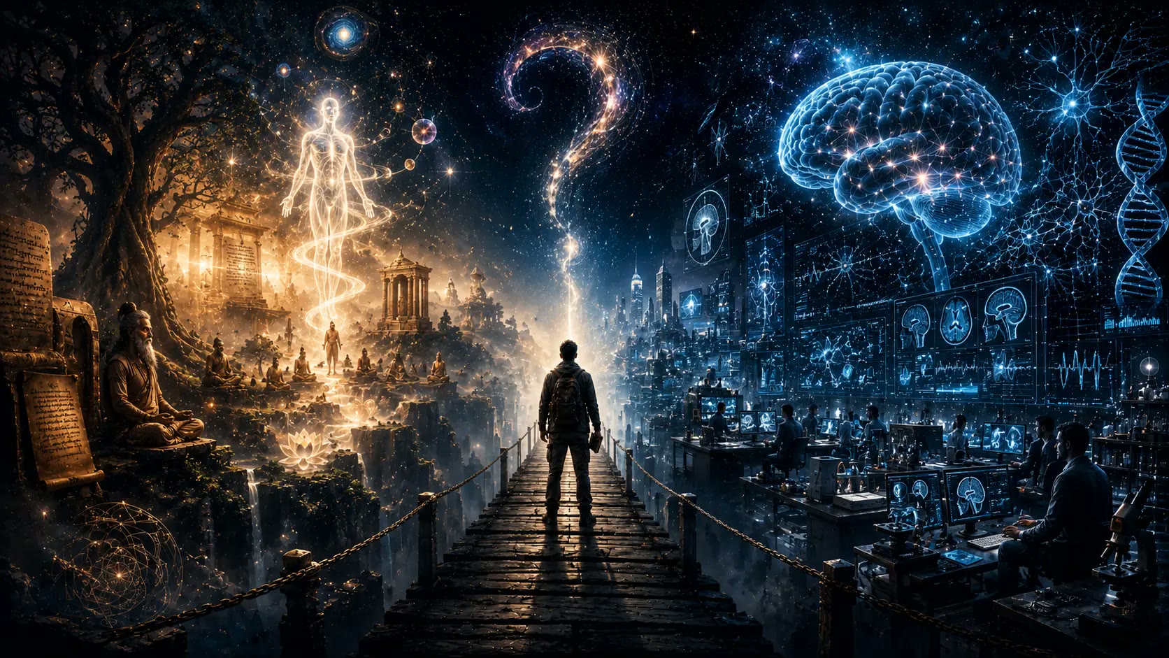 A split composition showing a spiritual consciousness-first worldview on one side and a brain-centered matter-first worldview on the other.