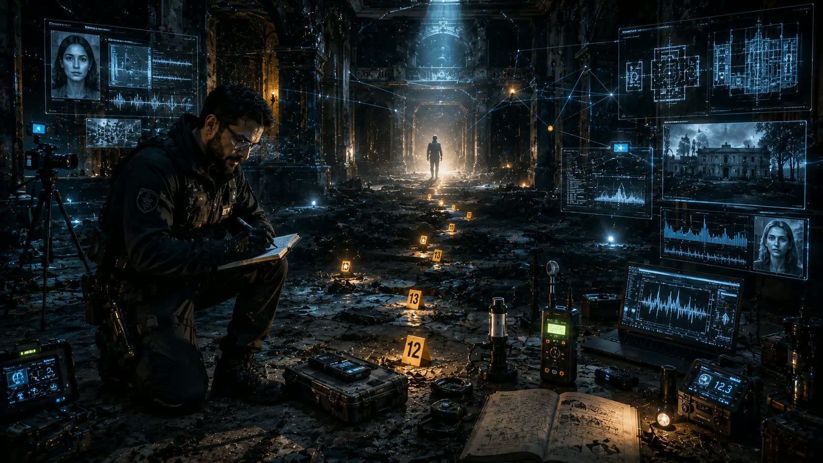 A scholar at a desk comparing Bhutavidya references with modern neurological monitors and clinical imagery.