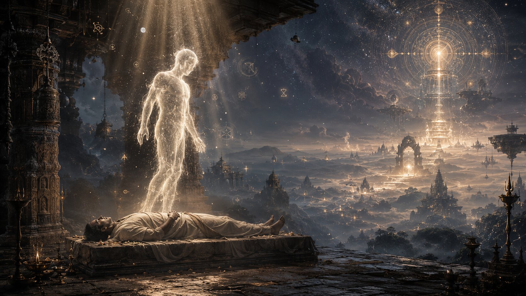 A translucent soul rising from a body lying on the ground, drifting into a misty afterlife with Yama Dutas waiting in the distance.