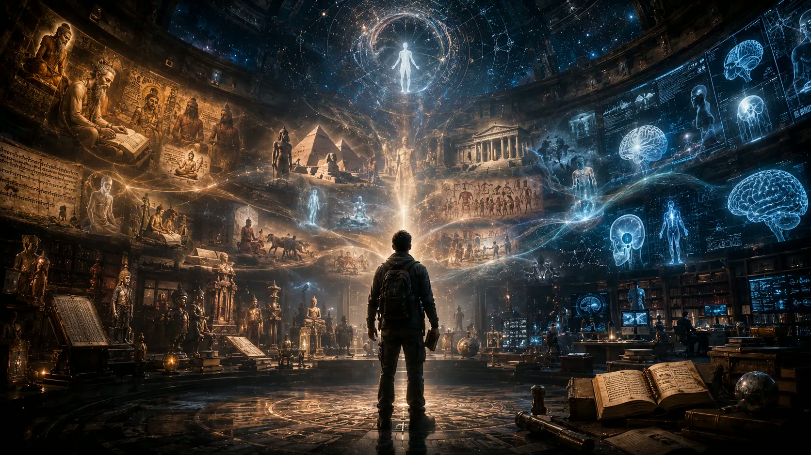 Ancient temple doorway opening onto silhouettes, with spiritual symbols and scientific diagrams around a lone researcher.