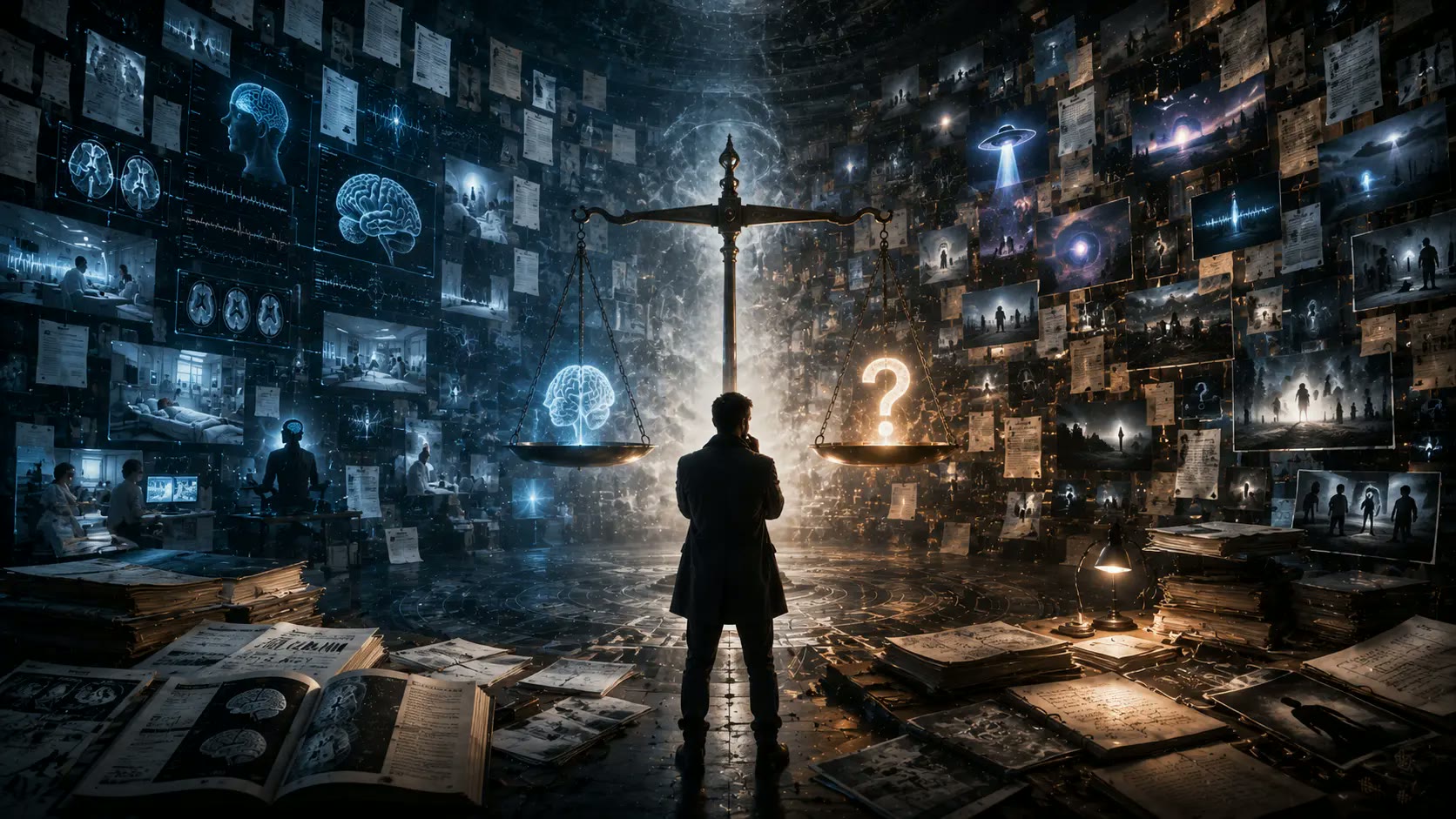 A cosmic landscape framed by ancient texts on one side and brain scans, research screens, and instruments on the other.