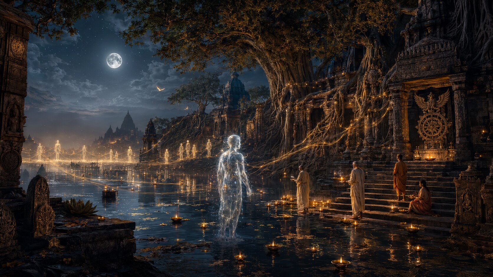 Pale earthbound Preta spirits hovering around a banyan tree as a family performs Shraddha below.