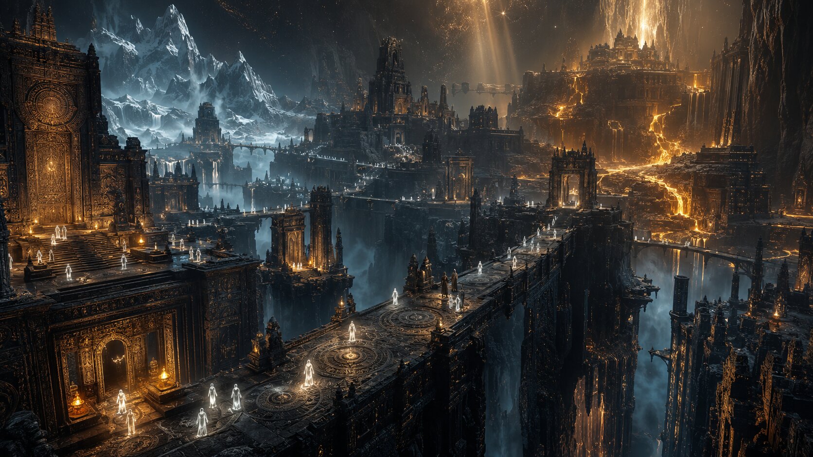 Layered hell realms stacked vertically, each with different punishments — fire pits, dark lakes, blade forests.