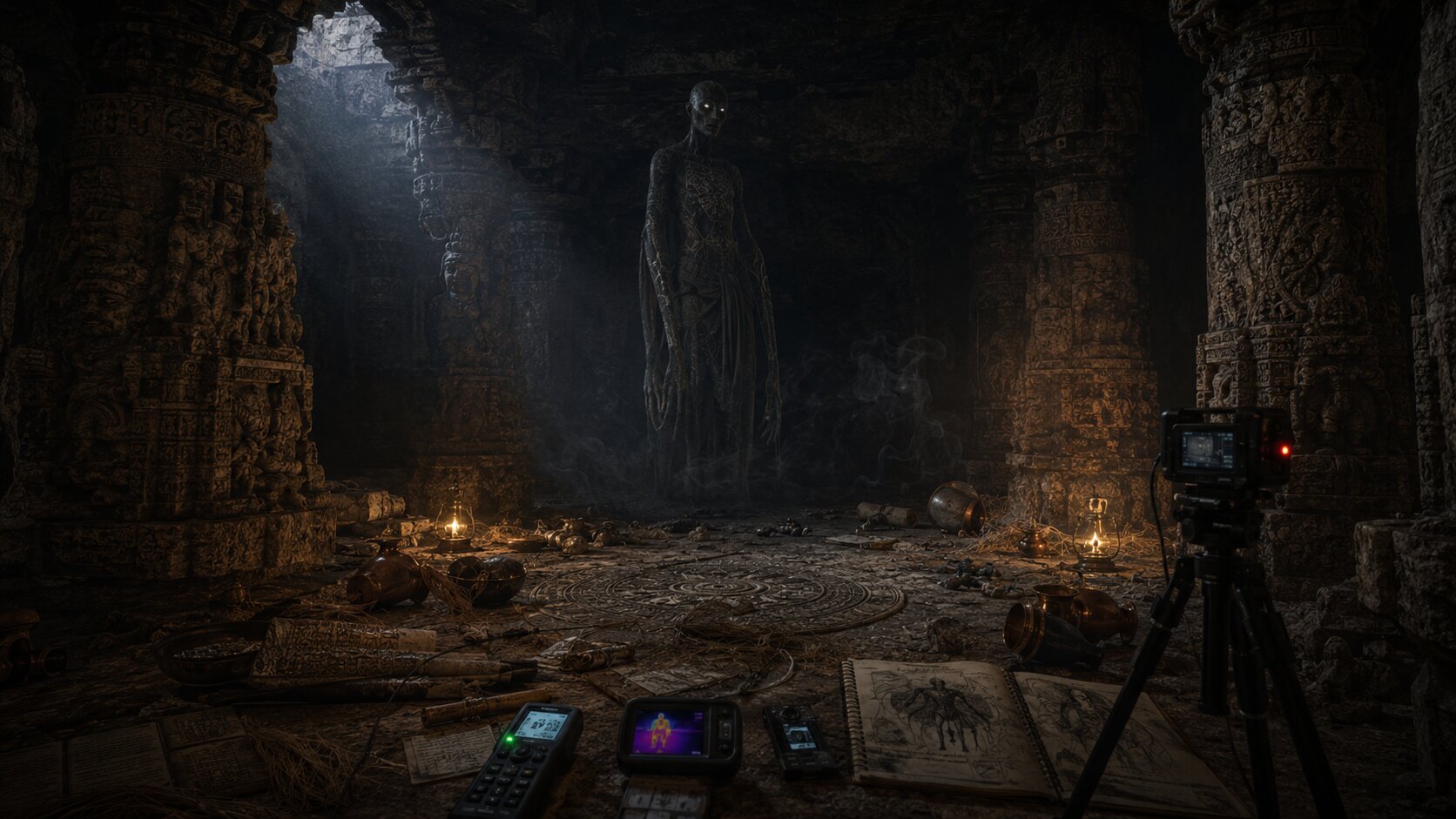 A tall horned silhouette with deliberately non-human anatomy standing on black stone lit from below by ember embers, no human face.