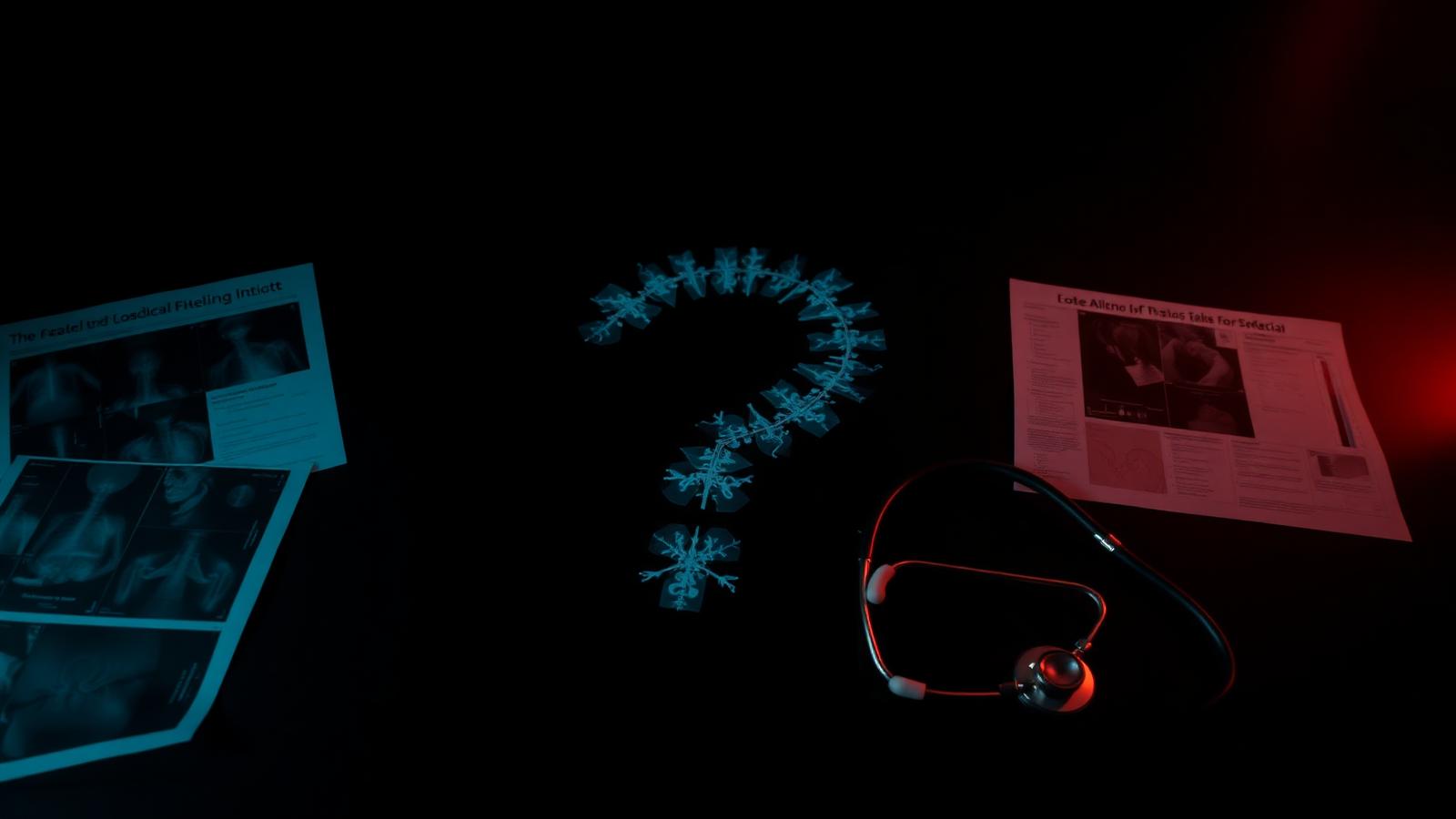 A large question mark formed from x-ray films and medical charts on a black surface with a stethoscope nearby.
