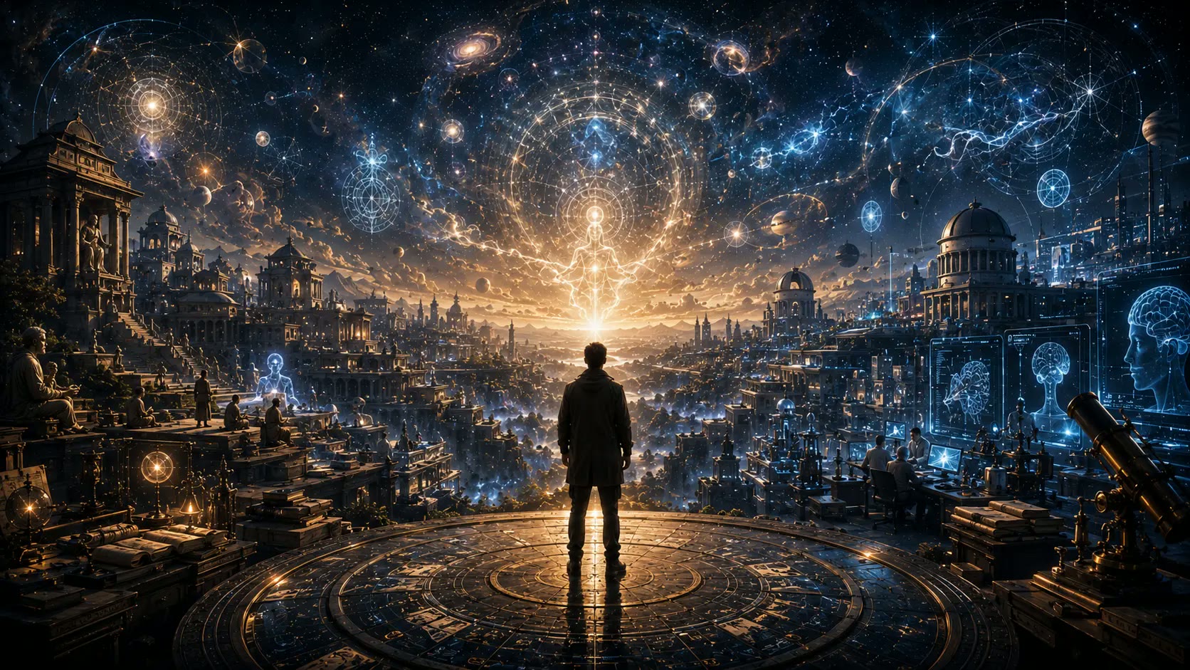 A researcher standing before a vast cosmic vista of temples, observatories, and constellations.