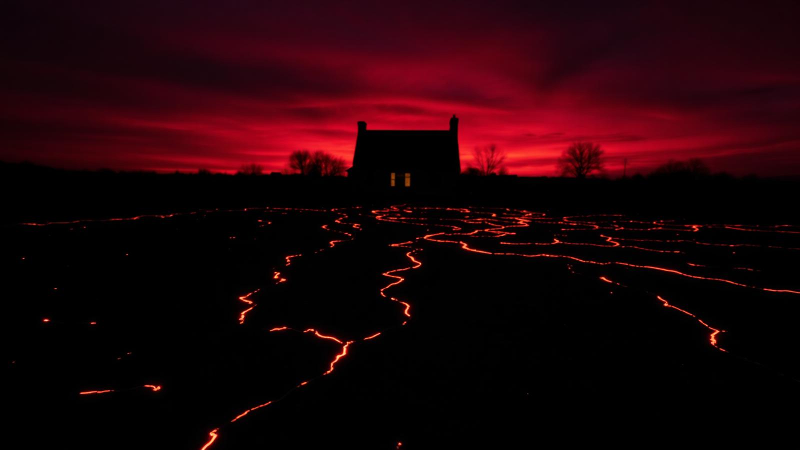 Cracked earth with faint glowing energy lines radiating beneath a lone house at dusk.