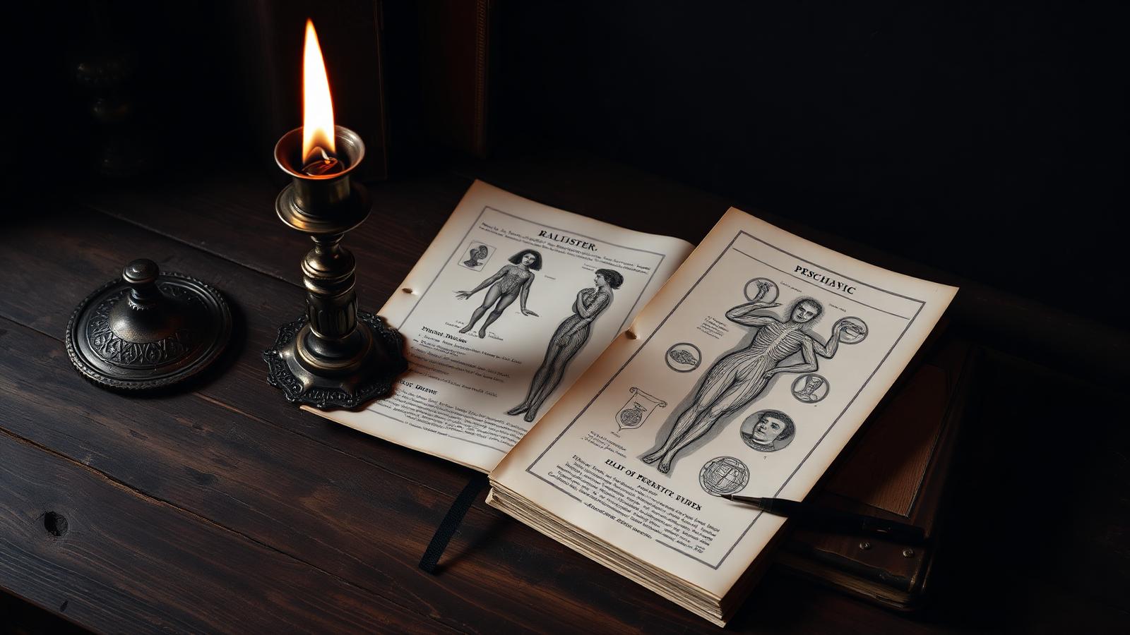 Vintage 19th century medical illustration pages on a wooden desk lit by a brass candlestick.