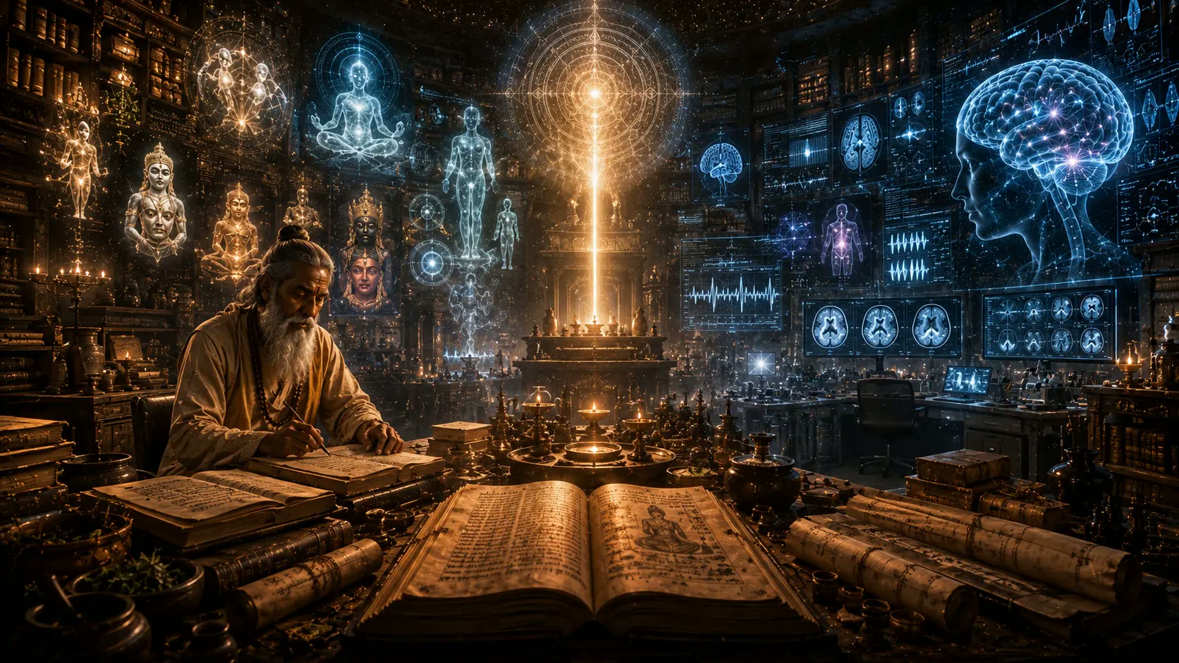 A researcher studying Bhutavidya manuscripts beside modern diagnostic screens and neurological imagery.