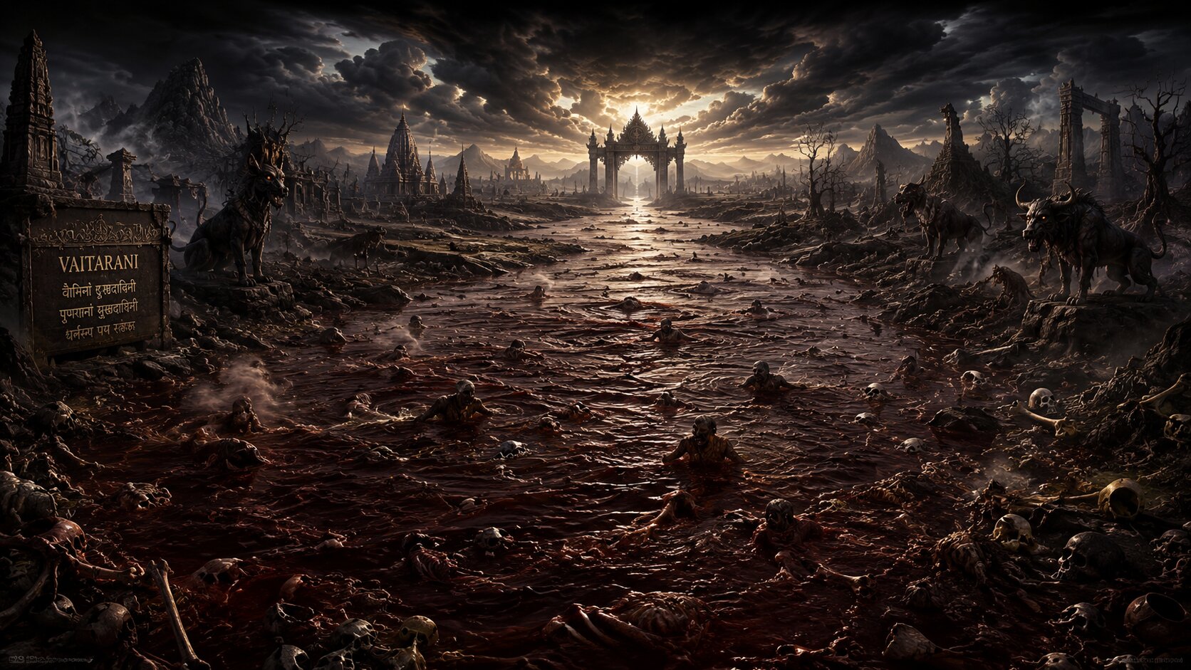 The River Vaitarani — a torrent of dark crimson blood with monstrous creatures and skeletal hands rising from the current.
