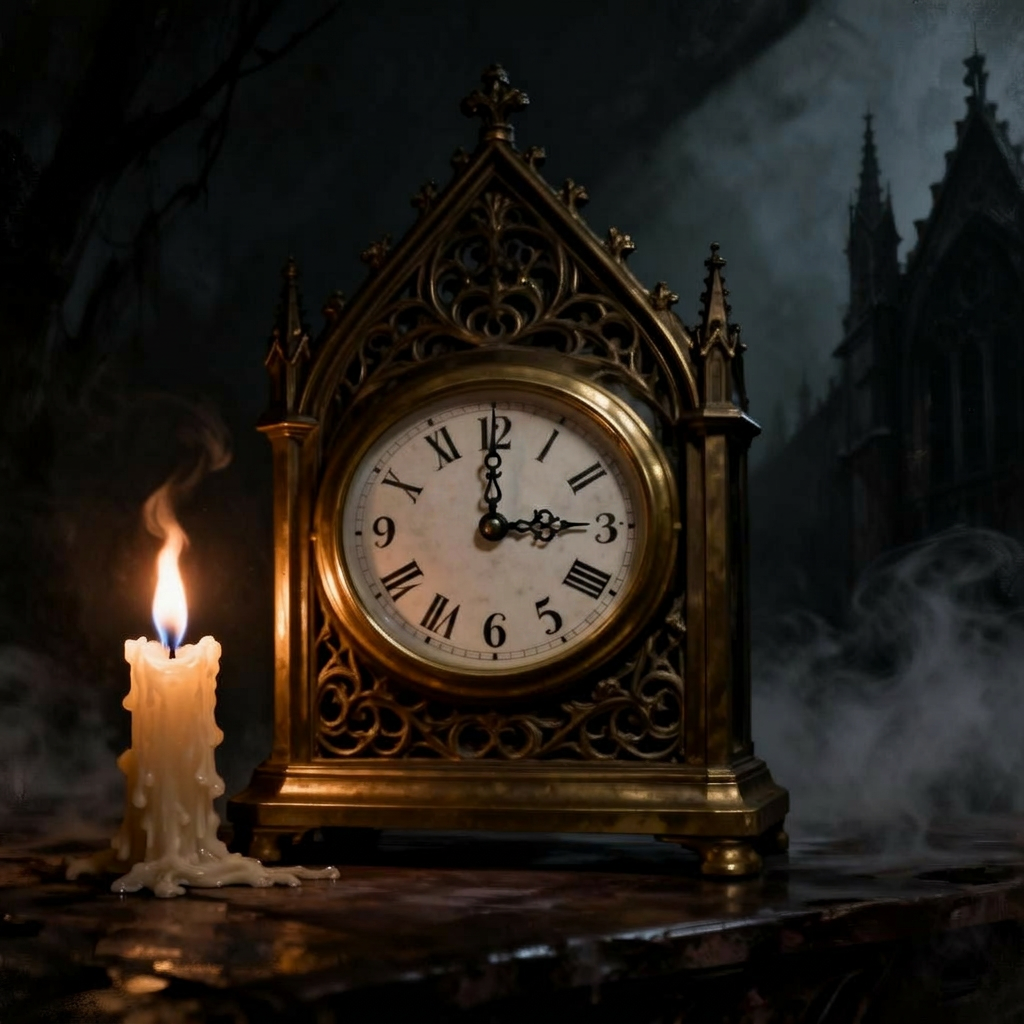 Antique clock in a shadowy gothic interior at 3:00 AM.