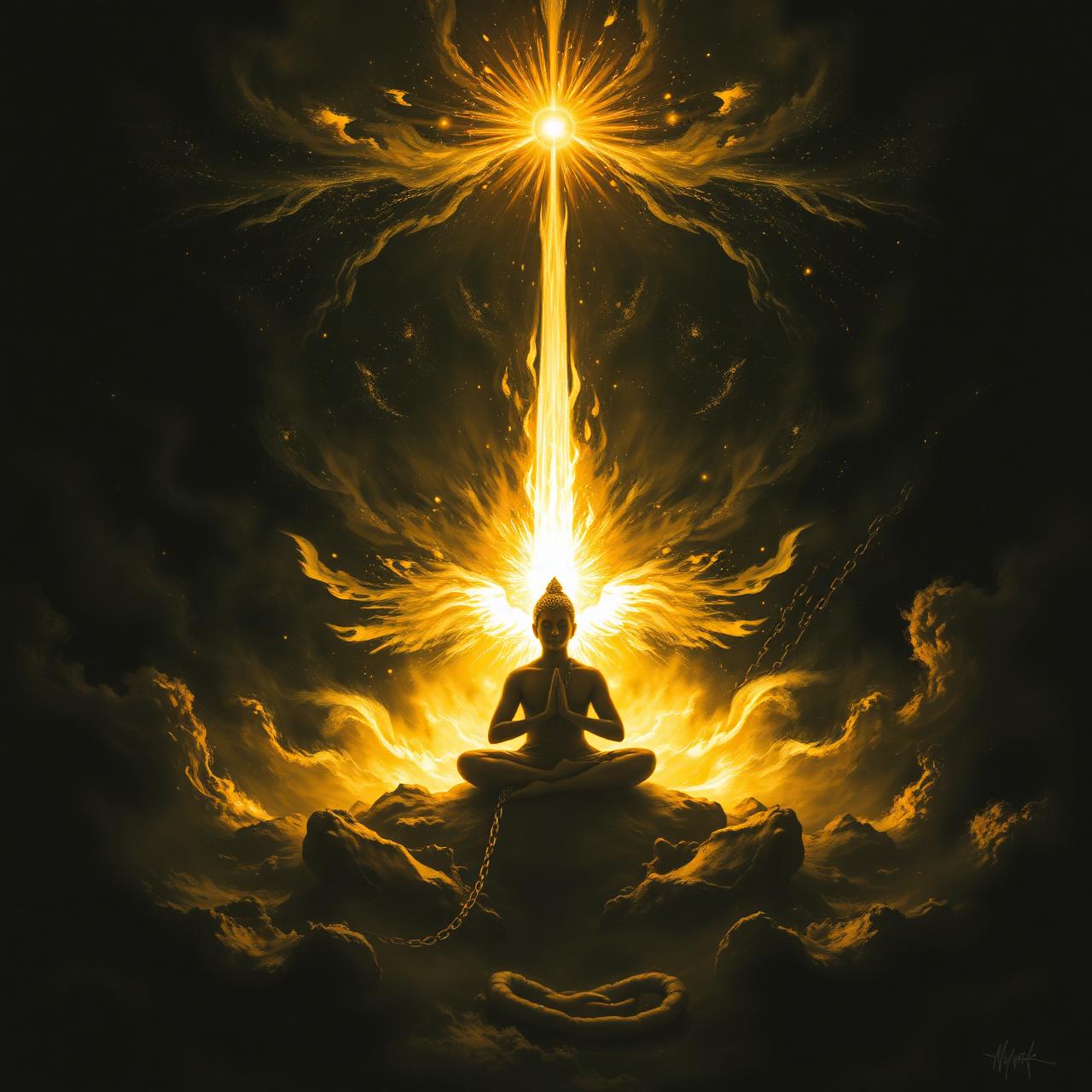 A meditating figure dissolving into brilliant golden white light, karmic chains shattering and falling away.