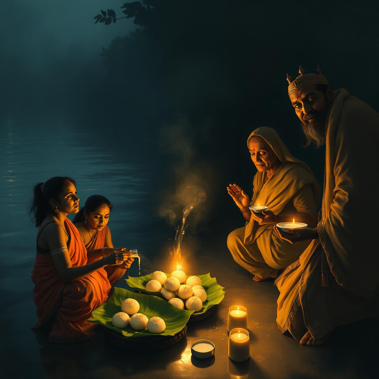 A Hindu family on a riverbank at dawn, offering pindas on banana leaves while glowing ancestor spirits accept them.
