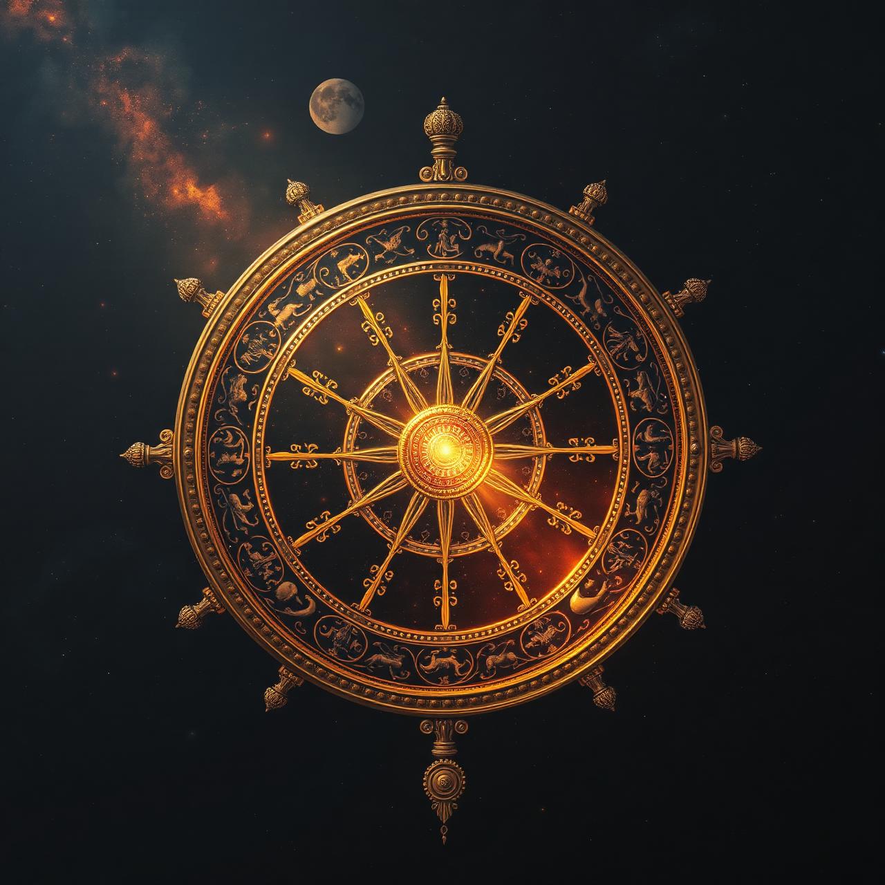 An ornate cosmic wheel of Samsara turning in deep space, rim engraved with lifeforms, central golden flame.