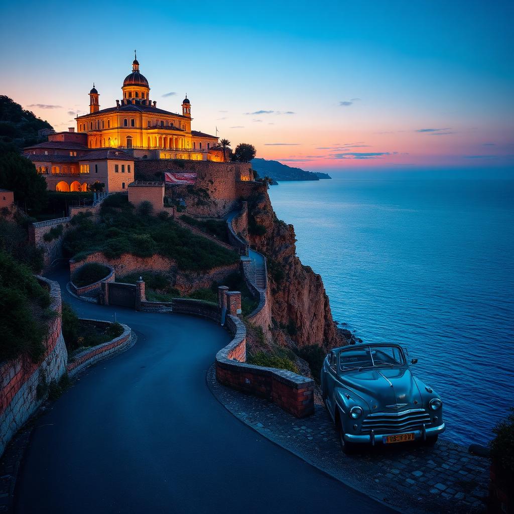 A Mediterranean clifftop palace at twilight, narrow coastal road with a wrecked vintage car on the curve.