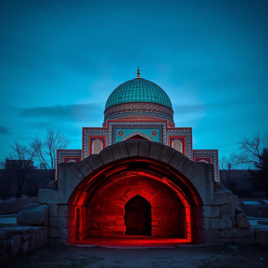 Turquoise-tiled Samarkand mausoleum dome at dusk with an opened ancient stone tomb in the foreground.
