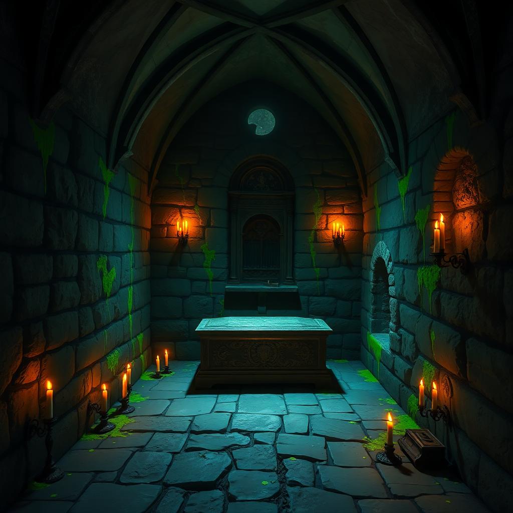 A Polish gothic cathedral crypt with a stone sarcophagus and faint greenish toxic mould creeping across the walls.