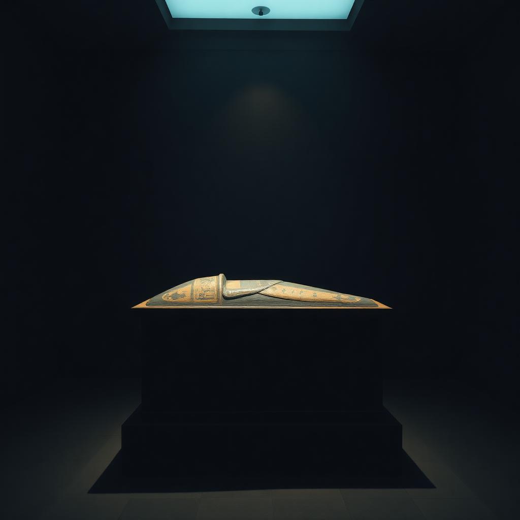 A painted ancient Egyptian wooden coffin lid of a priestess displayed in a dim museum gallery under a single spotlight.