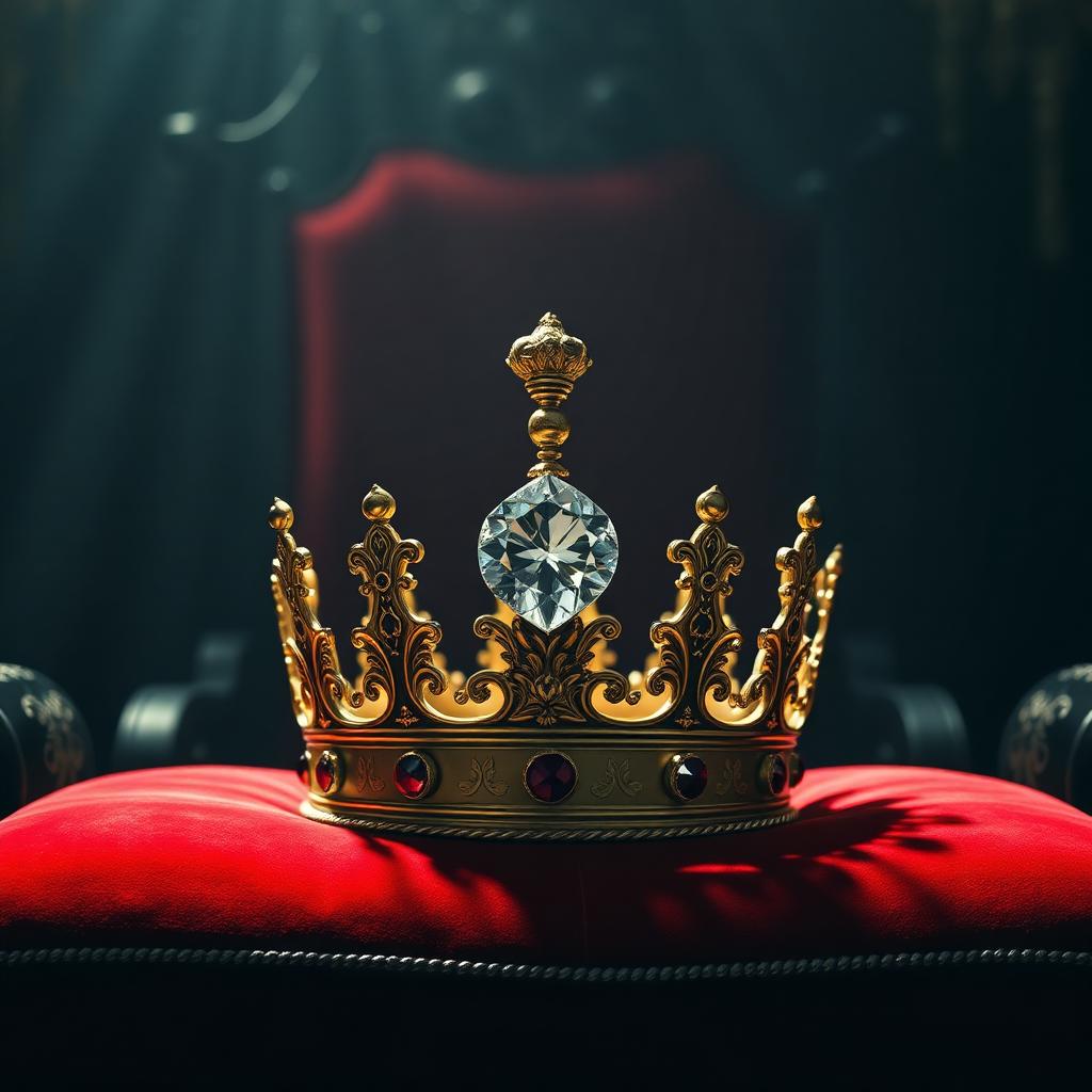An ornate antique crown on red velvet cushion with a single massive central diamond catching light.