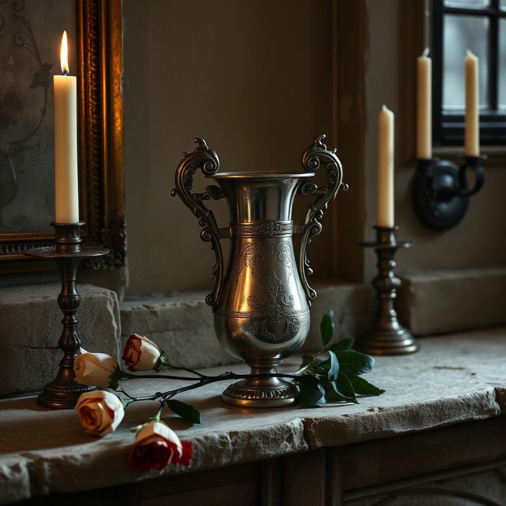 An ornate antique silver wedding vase on a dusty stone mantelpiece with dried roses beside it.