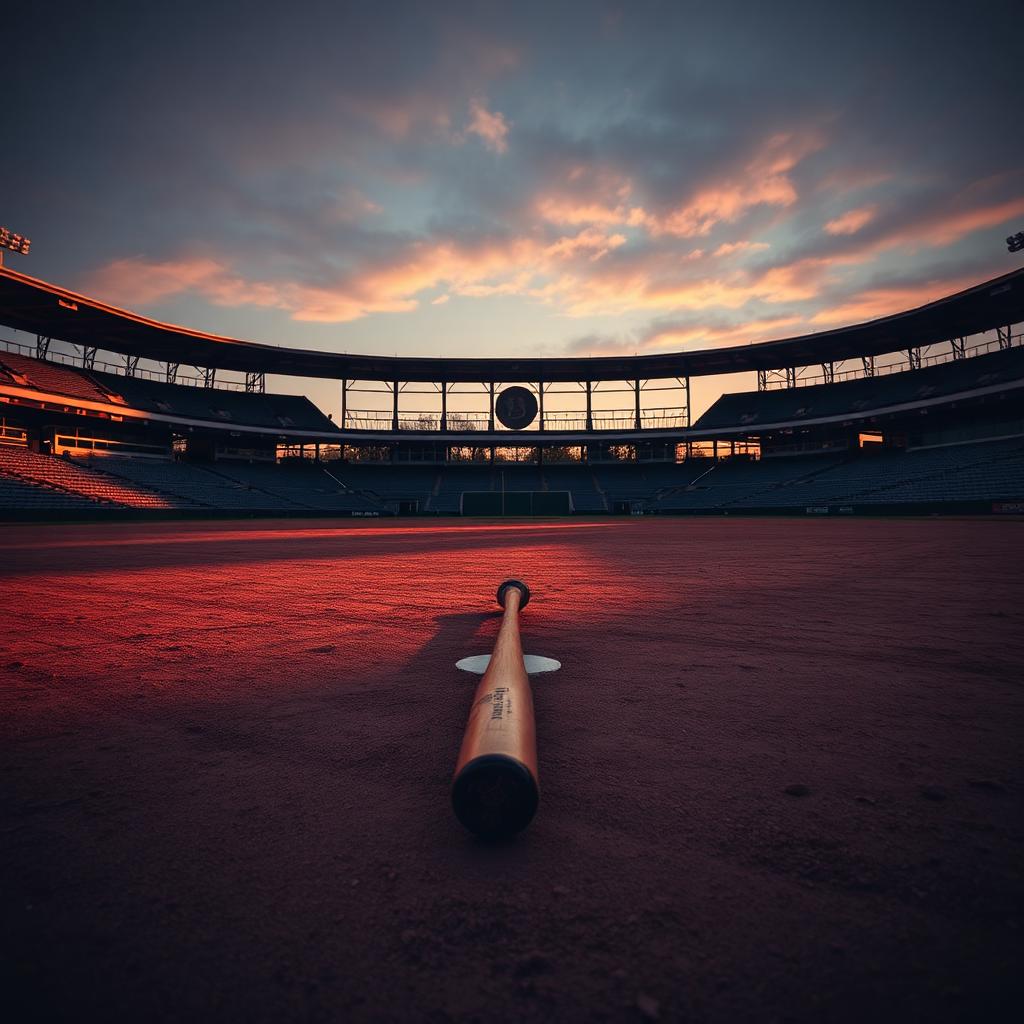 An empty old baseball stadium at dusk with a lone wooden bat lying across home plate.