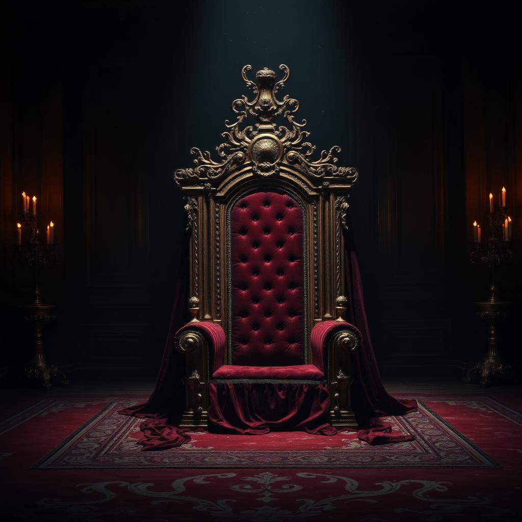An ornate empty royal throne in a dim candlelit hall, crimson velvet and tarnished gold.