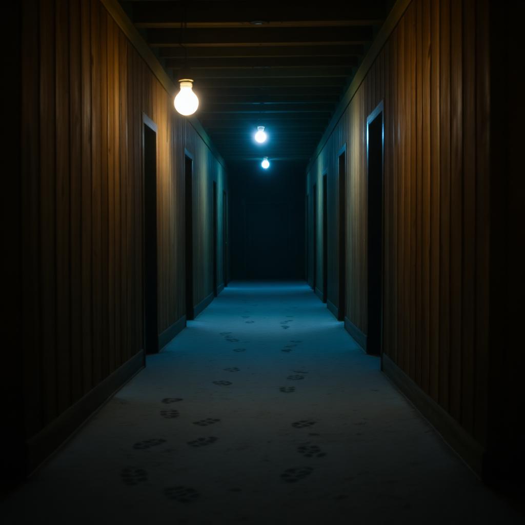 An empty wooden hallway at night with faint footprints in the dust under a flickering bulb.