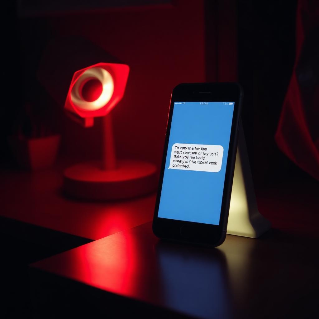 A smartphone on a dark nightstand showing a garbled text message with a red security-camera light in the background.