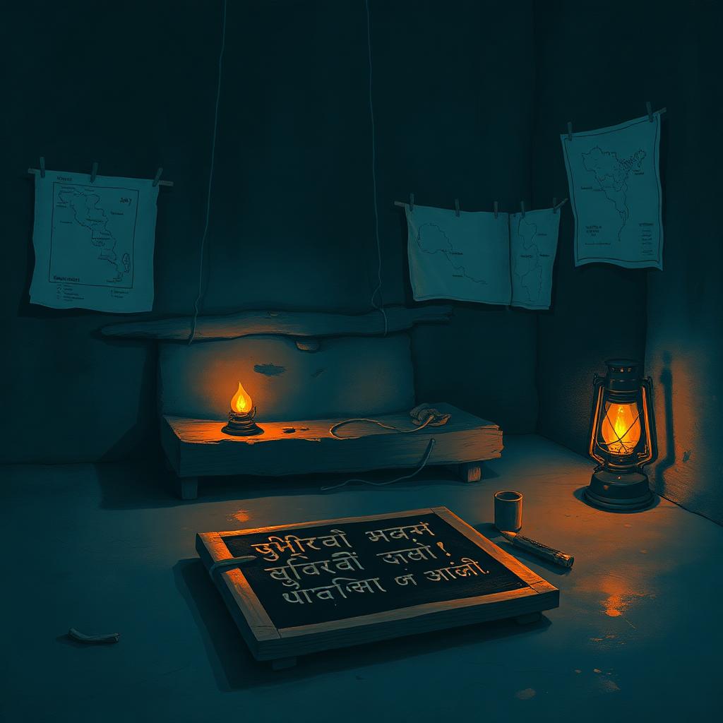 A village home interior at night with a child's study slate on the floor showing chalk letters in an unfamiliar script, a kerosene lamp on a low ledge, a faint district map pinned to the mud wall.