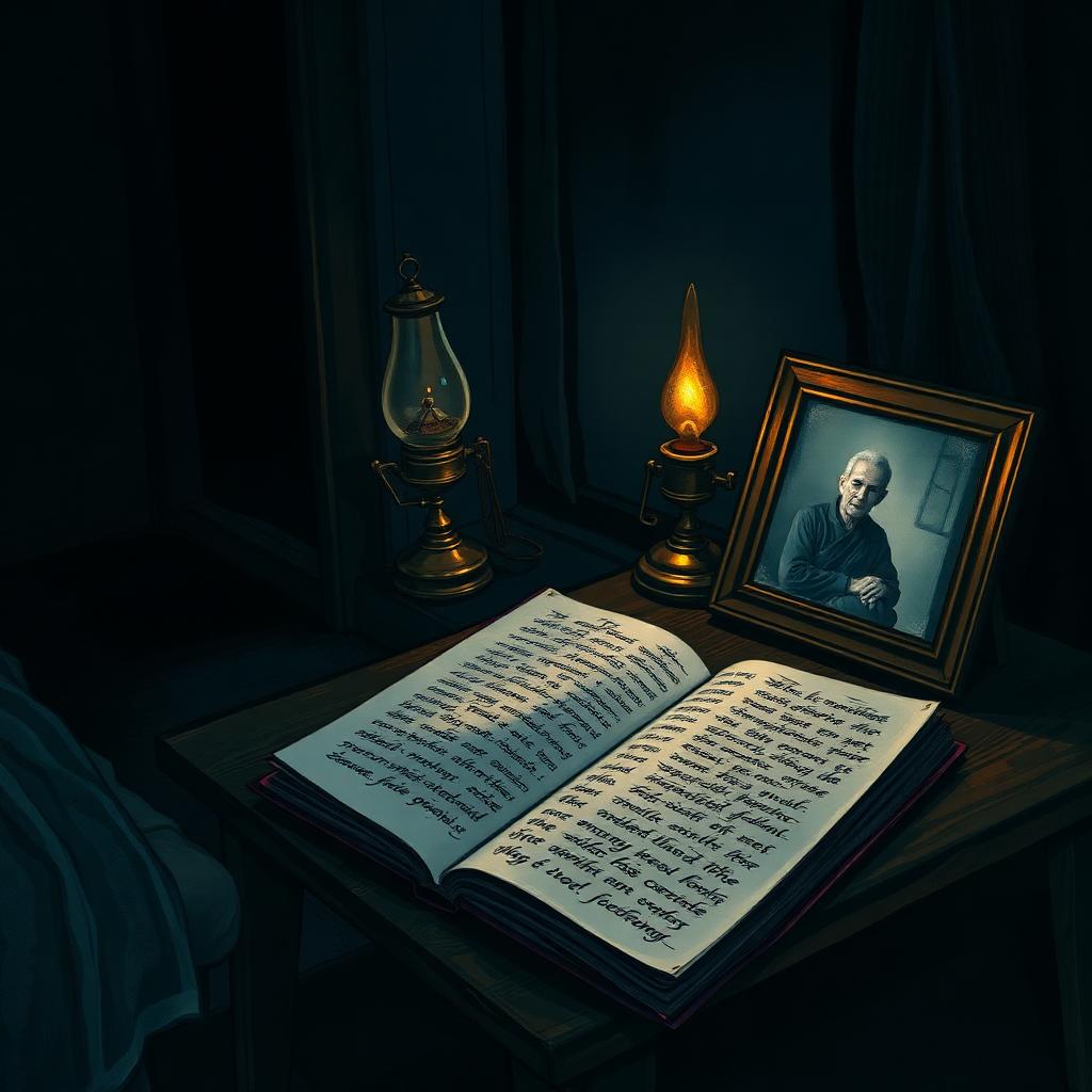 An Assamese home at night, a low table with an open handwritten diary in Assamese script, a framed photograph of an elderly neighbour propped against the wall, a brass oil lamp guttering beside them.