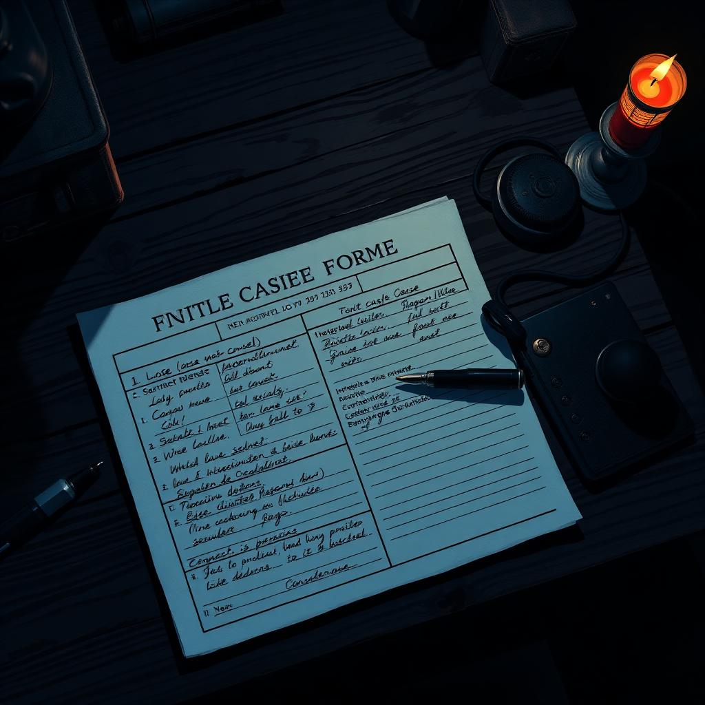An investigator's intake form on a wooden desk at night, fountain pen and voice recorder beside it, candle to one side.