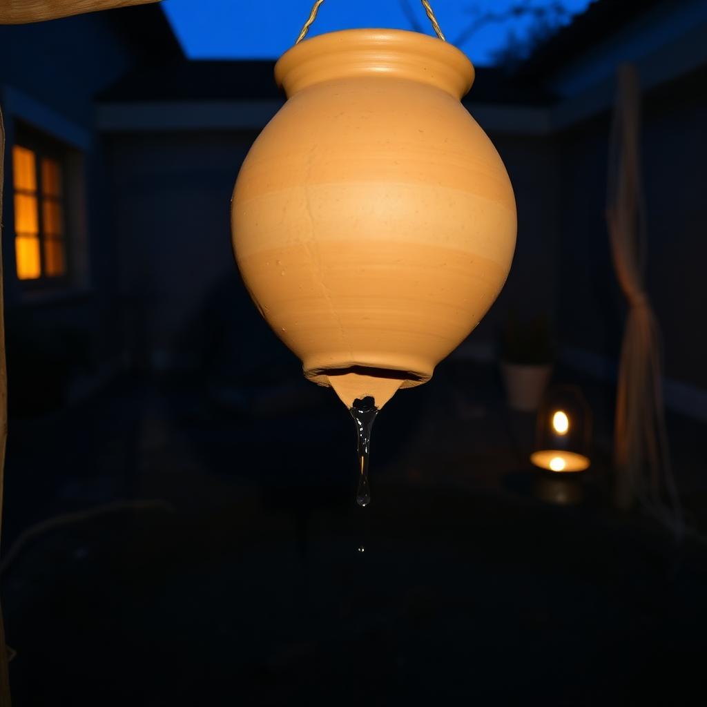 A clay pot with a small hole at its base hung from a wooden frame in a courtyard at night, water dripping out, oil lamp beside it, deep blue and ember-orange palette.