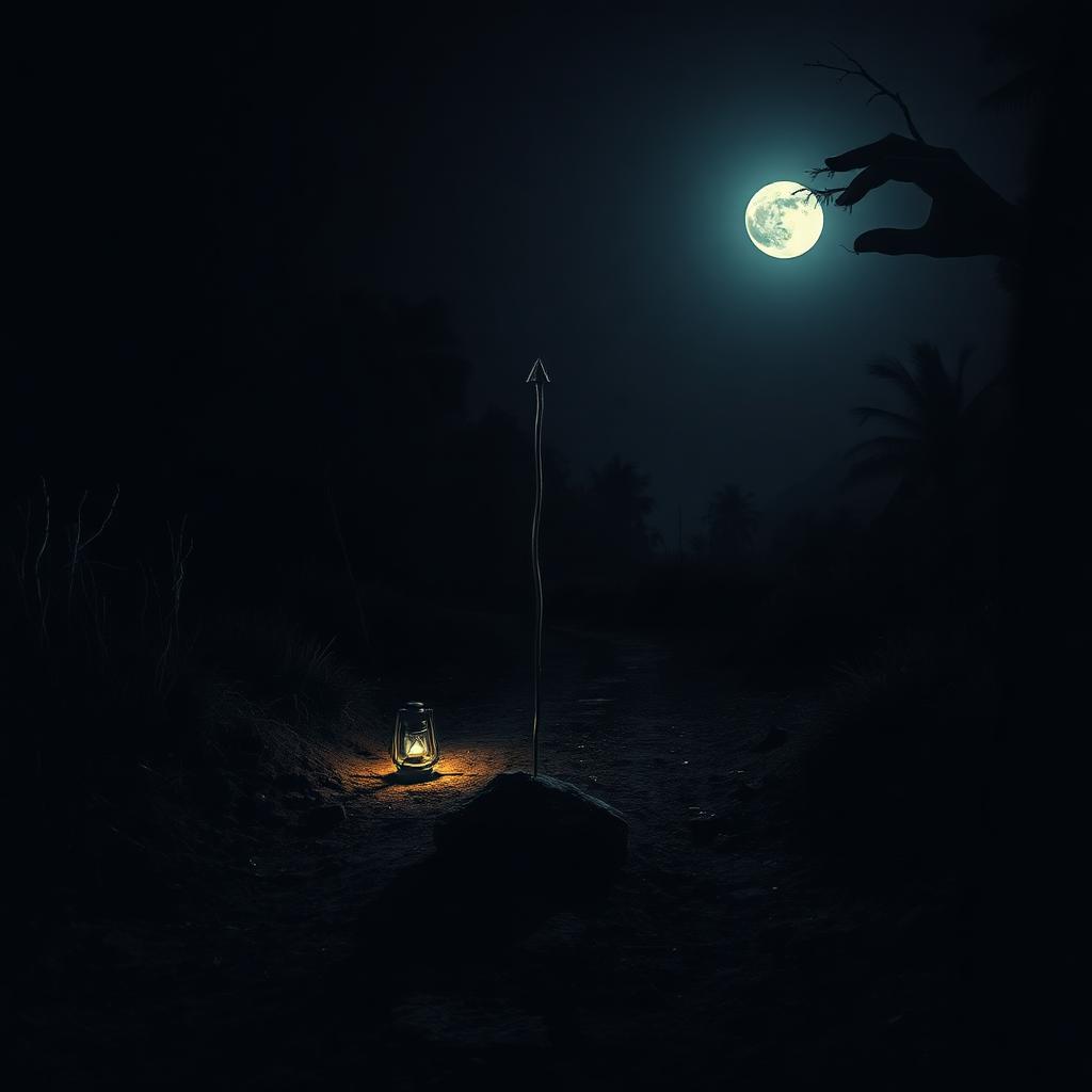 A dark village footpath at night, a hand hammering an iron nail into the earth at a crossroads with a stone, faint moonlight, a lantern on the ground, deep shadows.