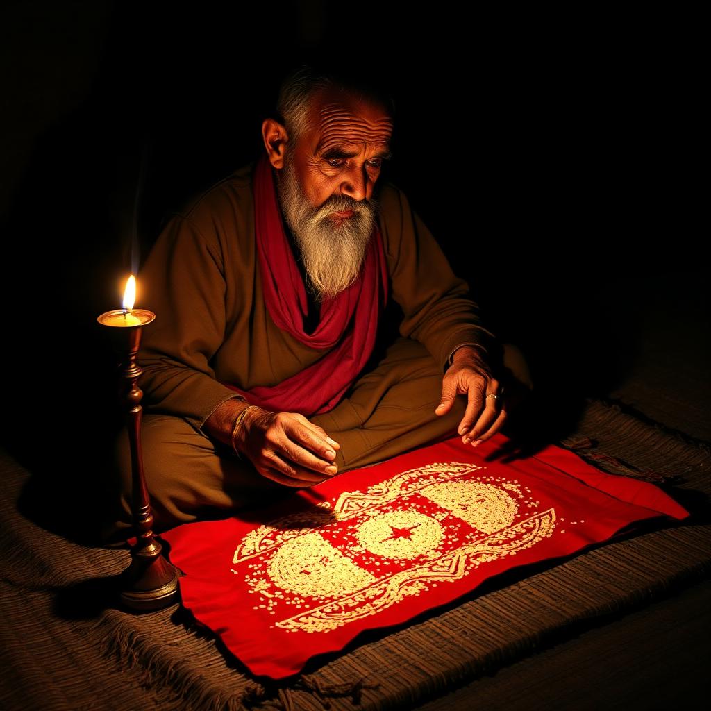 A village diviner seated on a mat at night with rice grains scattered on a red cloth, reading patterns by the light of a single oil lamp, ember-orange glow on his weathered hands.