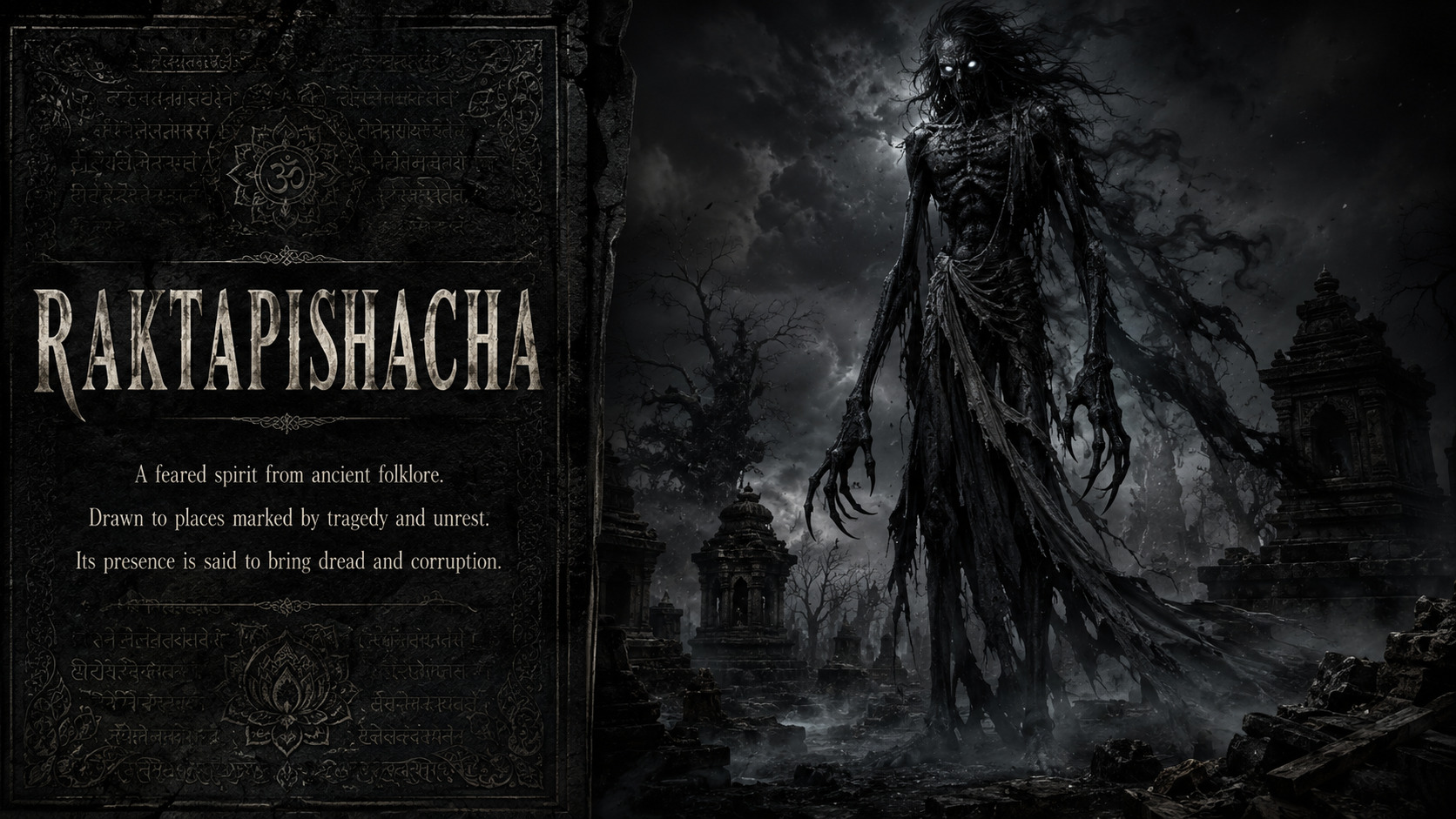 A gaunt Pishacha lurking in abandoned Indian ruins under a new moon.