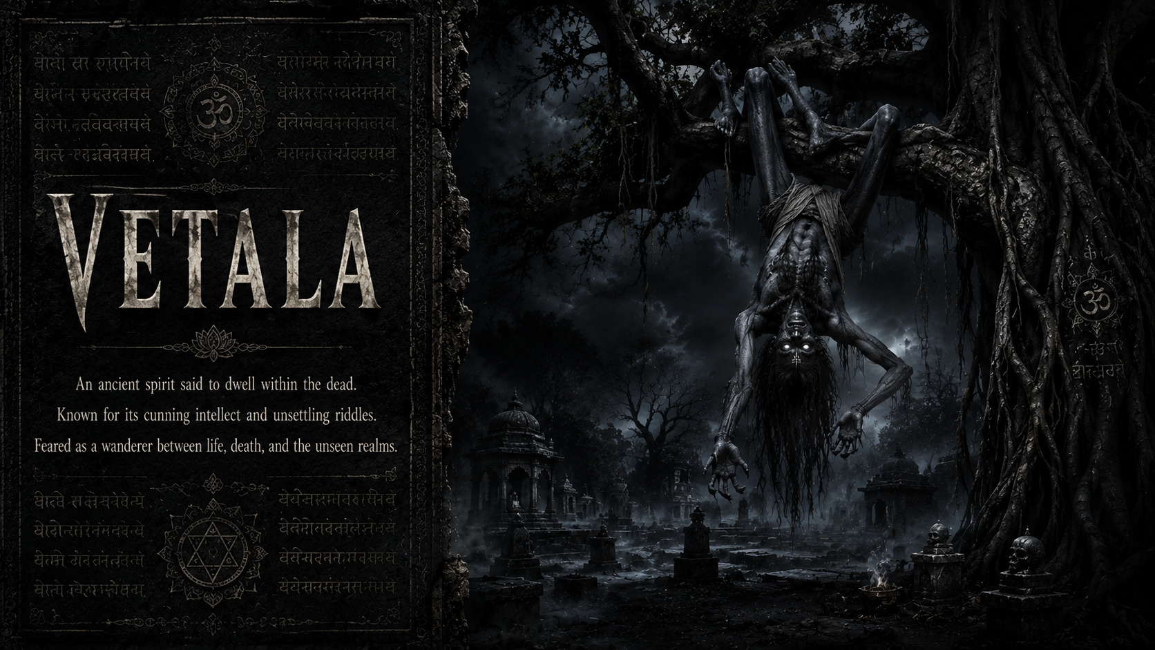 A reanimated corpse possessed by a Vetala in an Indian cremation ground at midnight.
