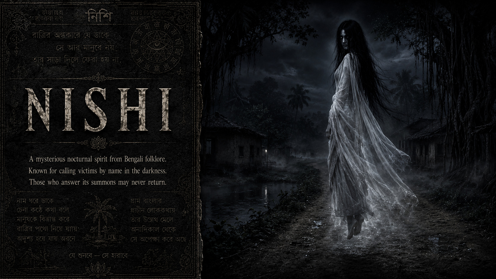 A Bengali village at night with a faint female silhouette calling from beyond a moonlit pond.