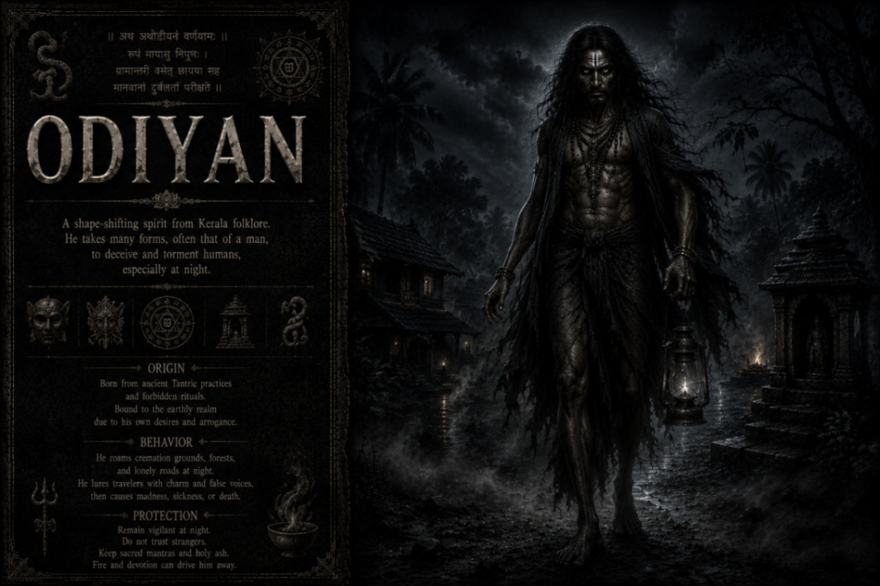 An Odiyan sorcerer mid-transformation into a malformed black bull on a lonely Kerala village path at night.