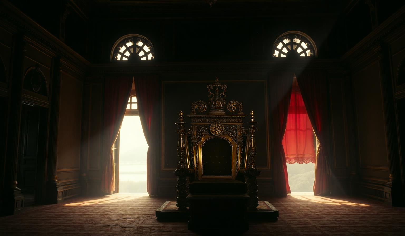 The empty Wodeyar throne in a dim Mysore palace hall.